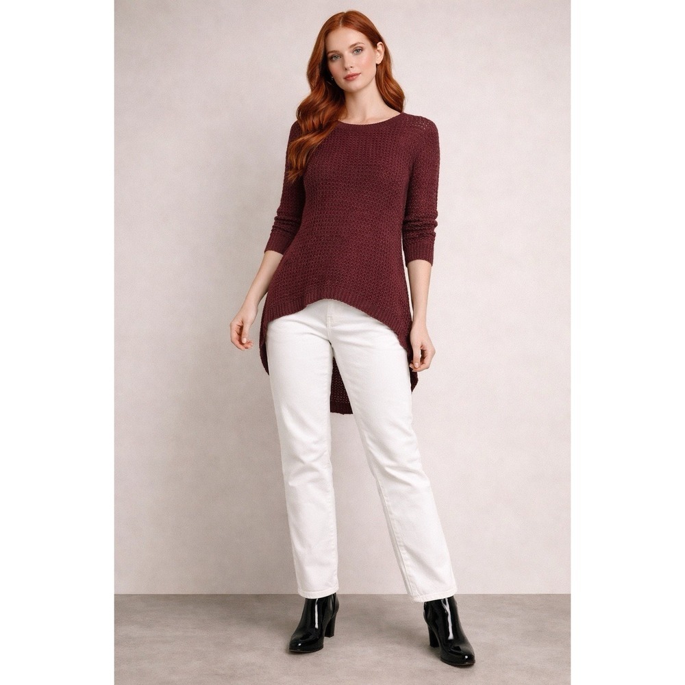 Love Burgundy Open Knit Sweater S Small Hi Low Hem Long Sleeve Pullover